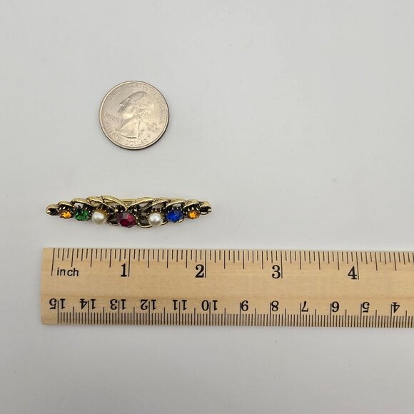 VTG Brooch Gold Tone Multicolor Rhinestone Elegant Regencycore Classy Bar Pin - Picture 11 of 11